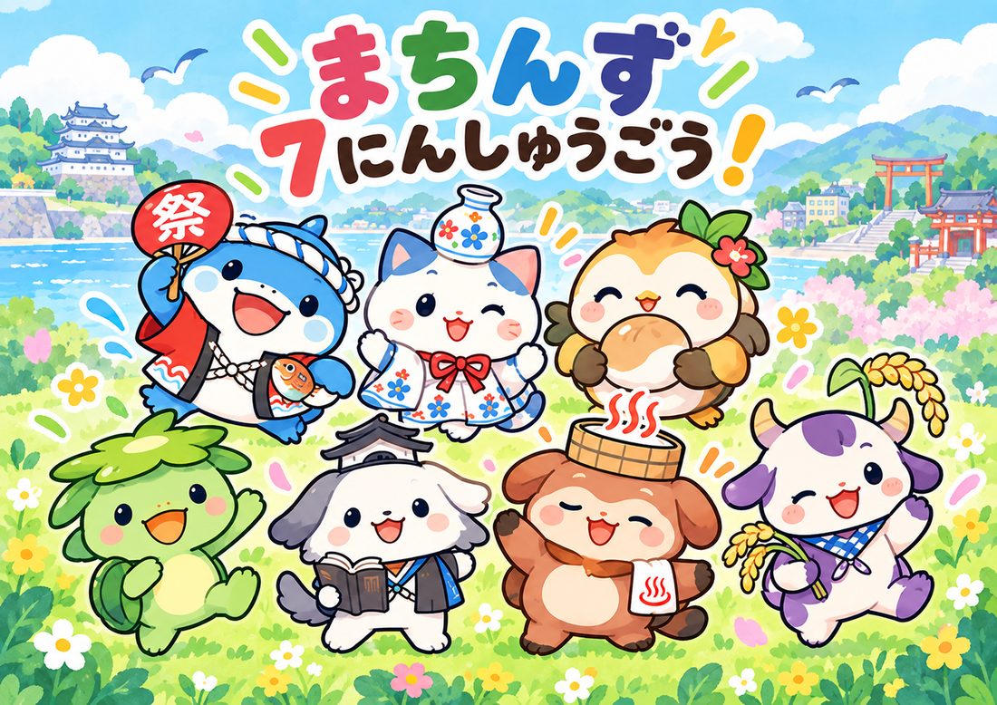 まちんず7にんが、唐津城や海の見える野原に集合したイラスト
